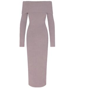SKIMS Cozy Knit Off-Shoulder Long Sleeve Dress - Grey Chalk